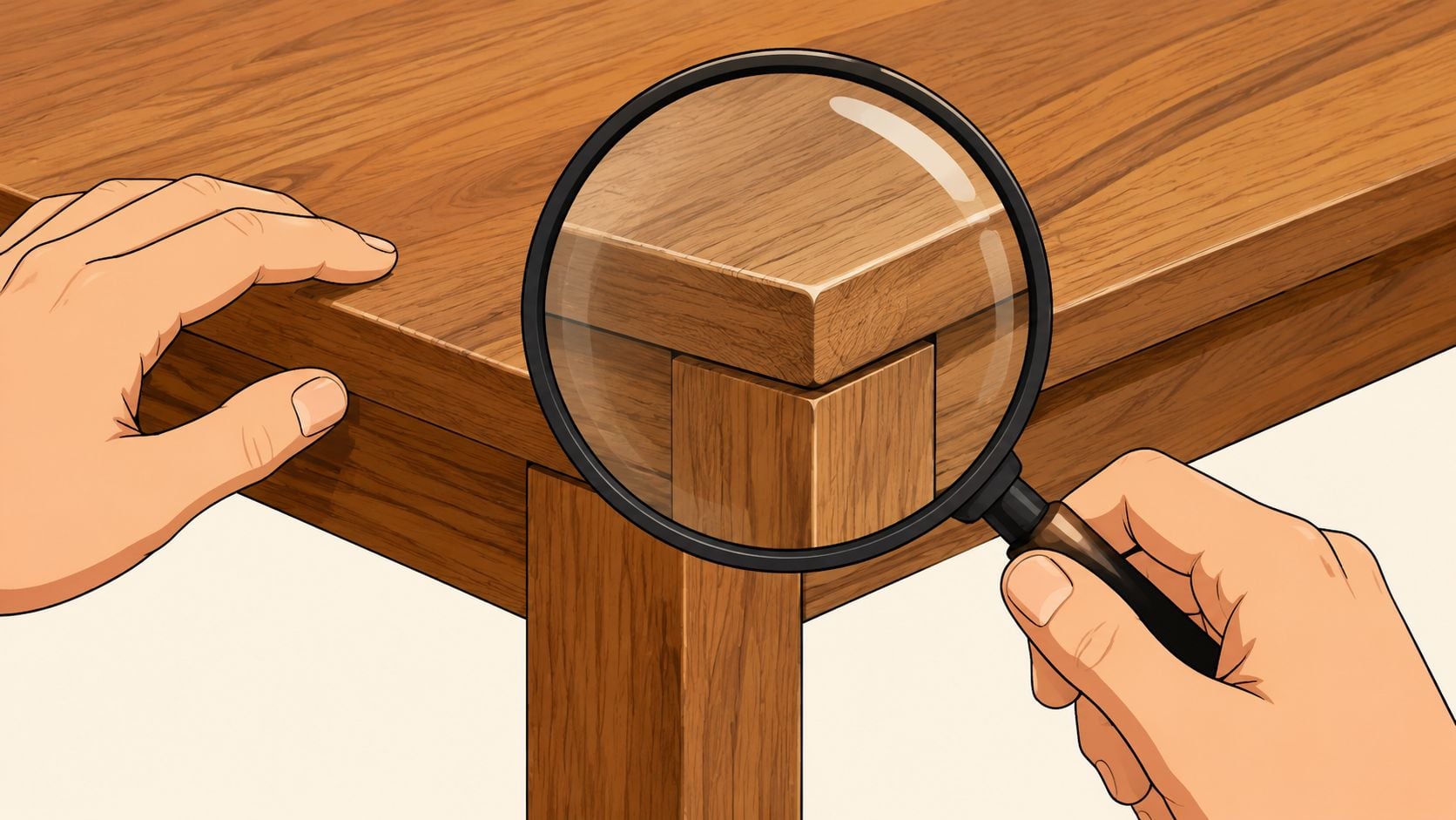 A close-up view of a wooden dining table corner being examined with a magnifying glass held by hands.