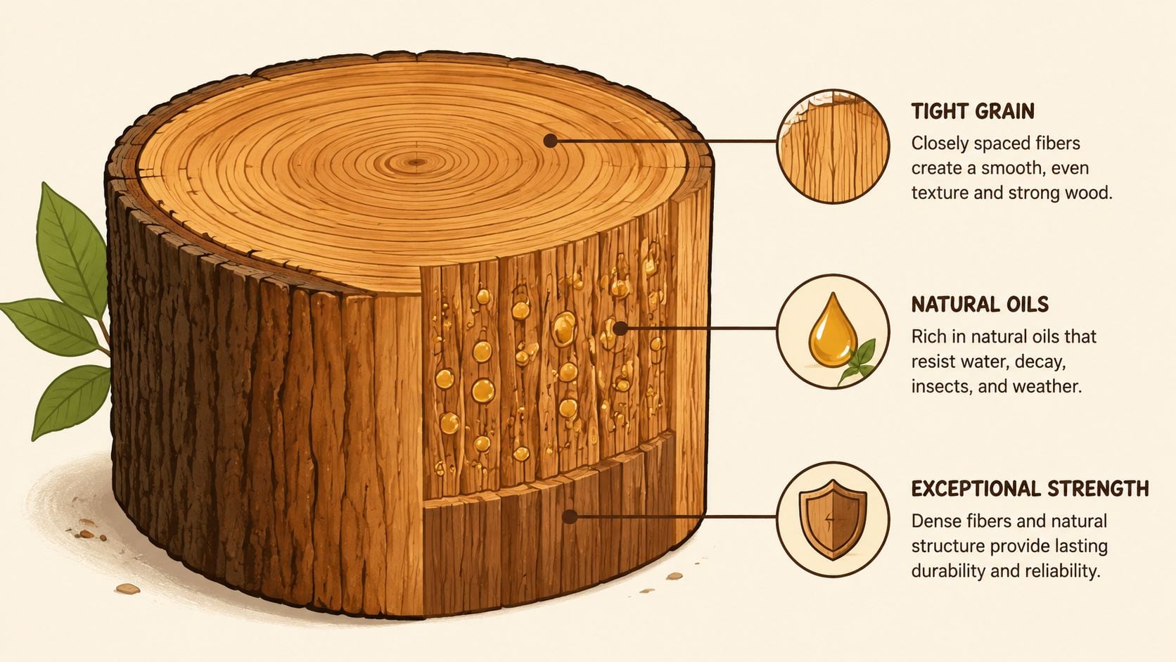 A detailed cross-section of a teak log highlighting its dense grain, natural oils, and inherent physical strength.