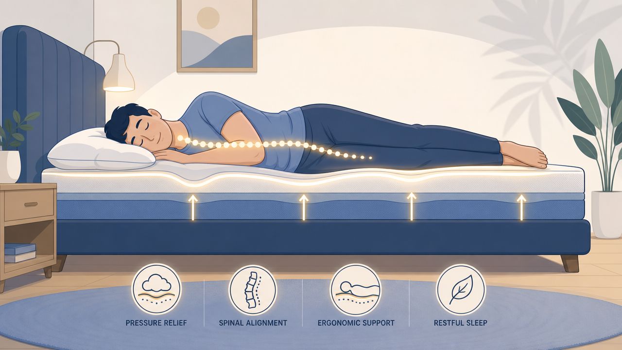 A man sleeping comfortably on a mattress illustrating spinal alignment, pressure relief, and ergonomic support features.