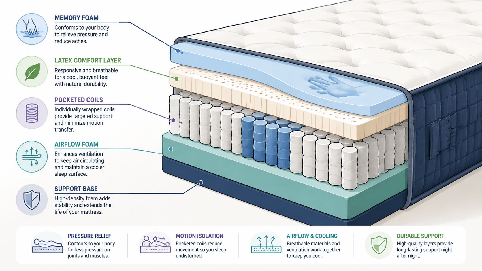 A detailed cross-section diagram showing the five layers of a therapeutic mattress, including foam and coil structures.