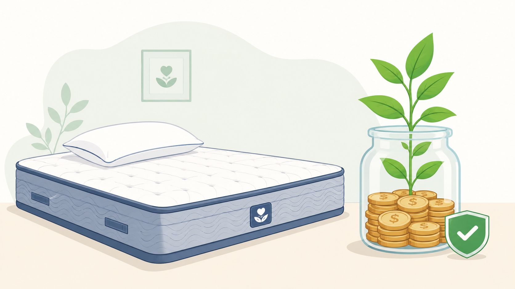 A cozy mattress with a pillow next to a jar filled with money and a growing plant.