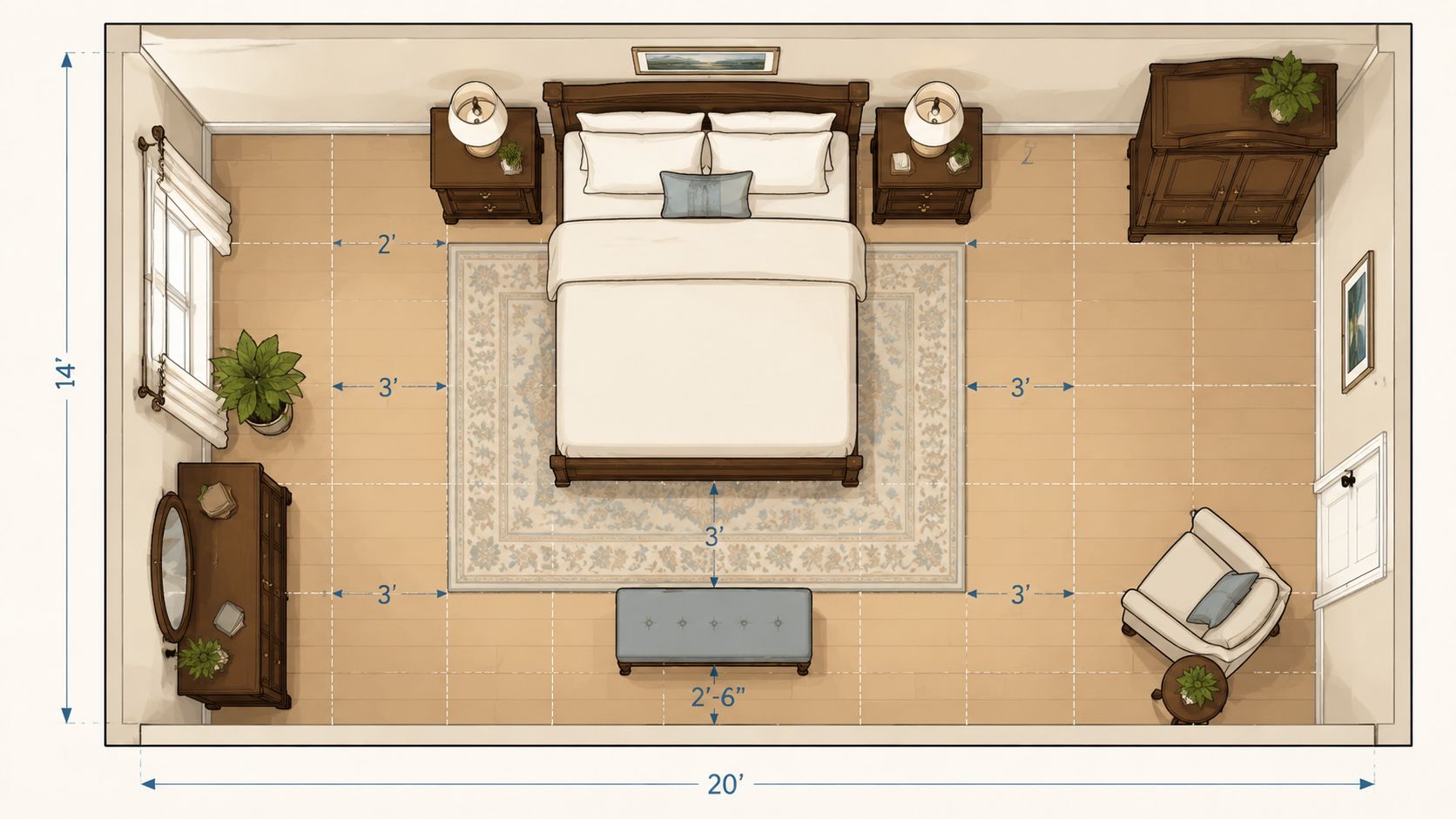 A top-down view of a traditional bedroom floor plan featuring a bed, nightstands, dresser, armchair, and area rug.