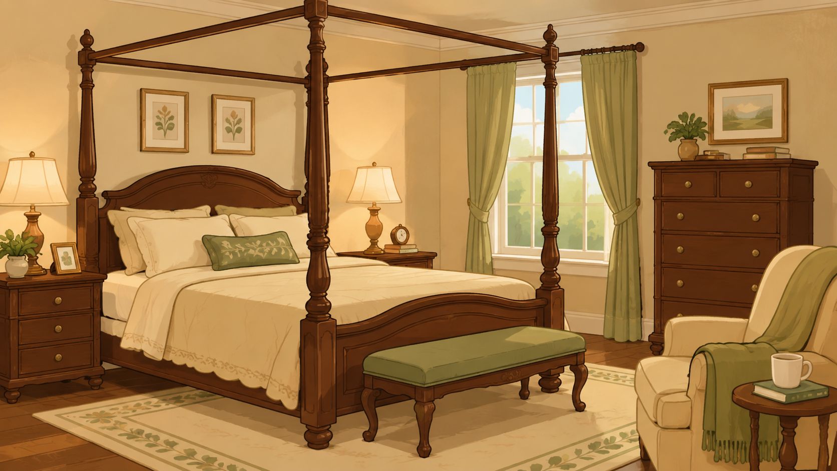 A cozy, traditional bedroom featuring a wooden four-poster bed, nightstands, a matching dresser, and an armchair.