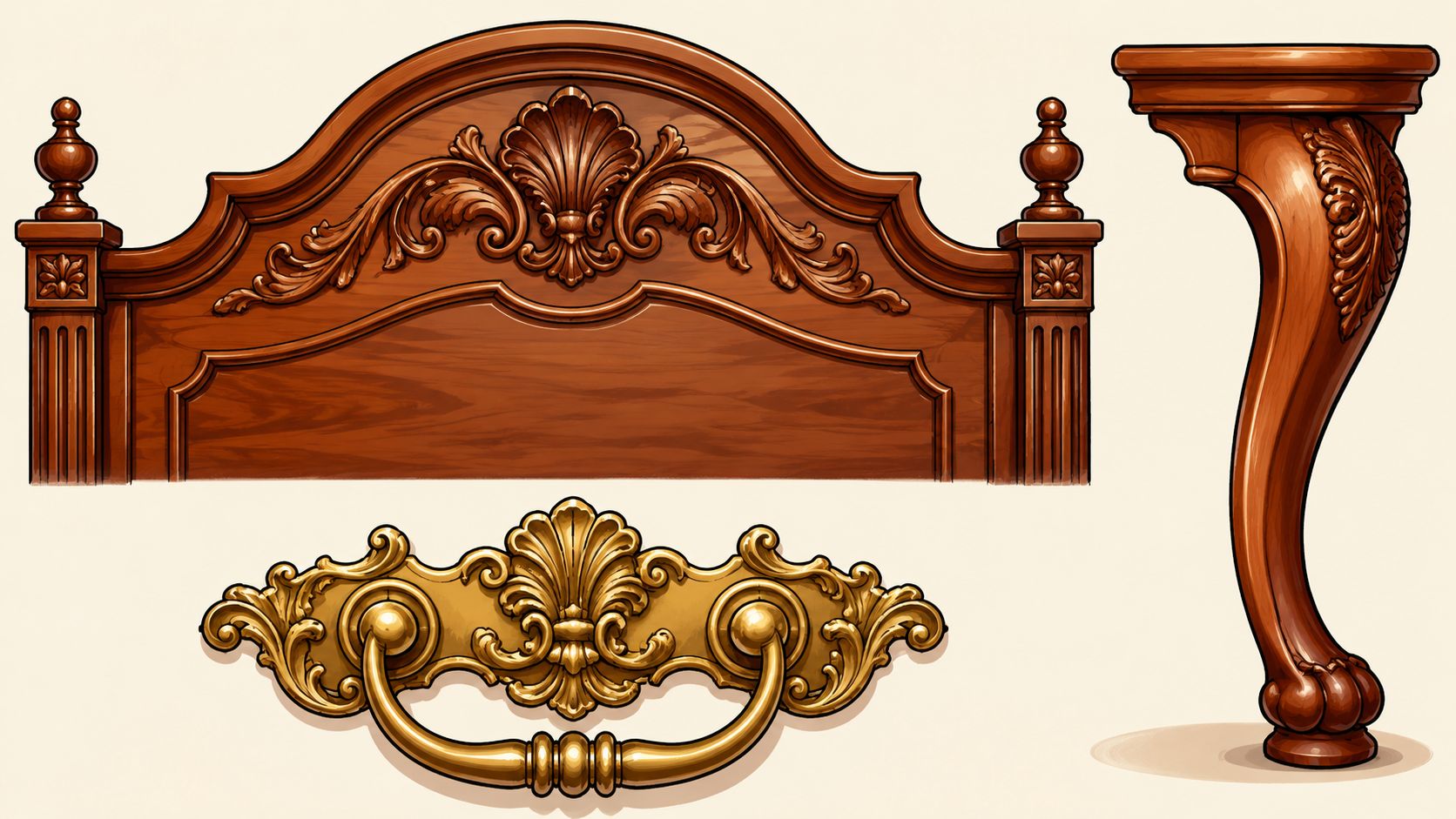Ornate mahogany wood headboard, a matching cabriole leg, and a detailed decorative gold furniture pull handle.
