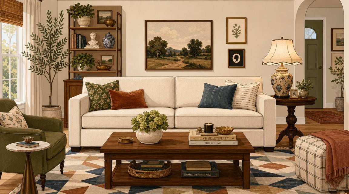 A cozy transitional style living room featuring a cream sofa, green armchair, and warm decor accents.