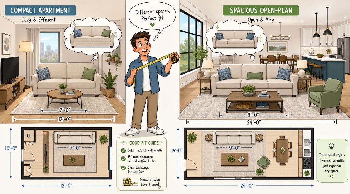 An illustration comparing sofa sizing for a compact apartment versus a spacious open-plan living room layout.
