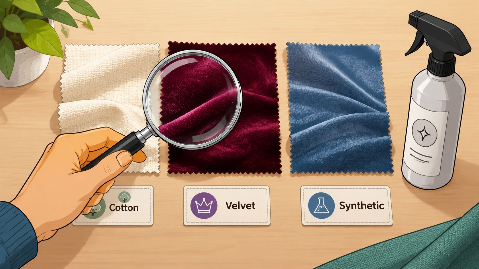Hand holding a magnifying glass over fabric samples on a desk with an upholstery protection spray bottle.