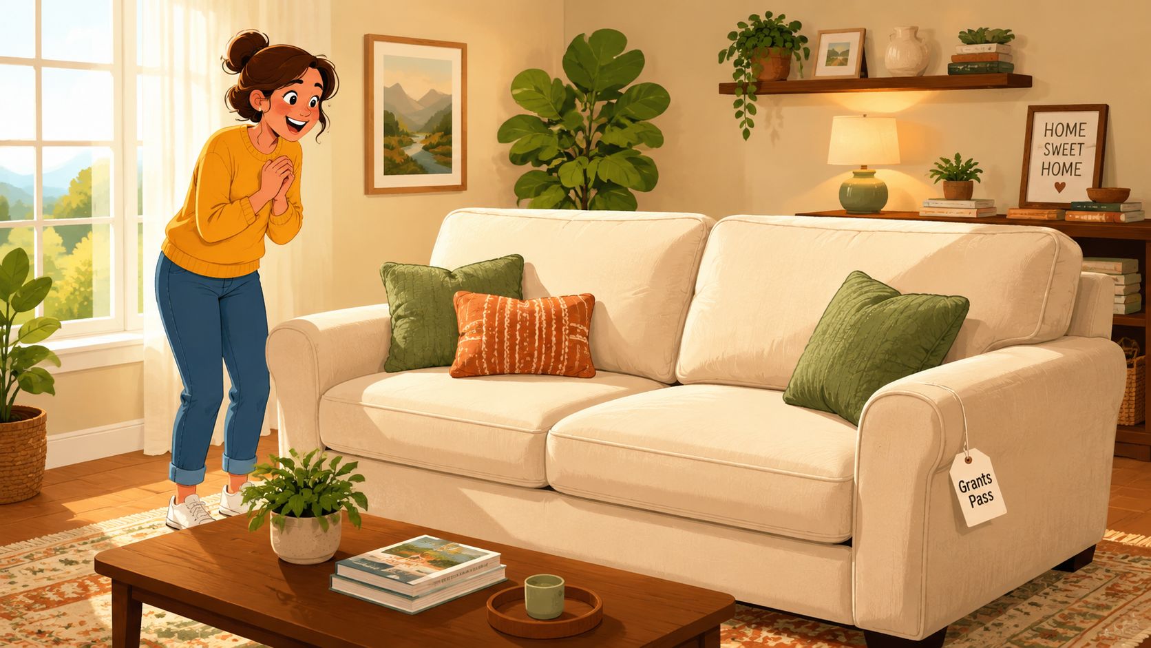 A happy woman stands next to a clean white sofa in a cozy, sunlit living room interior.