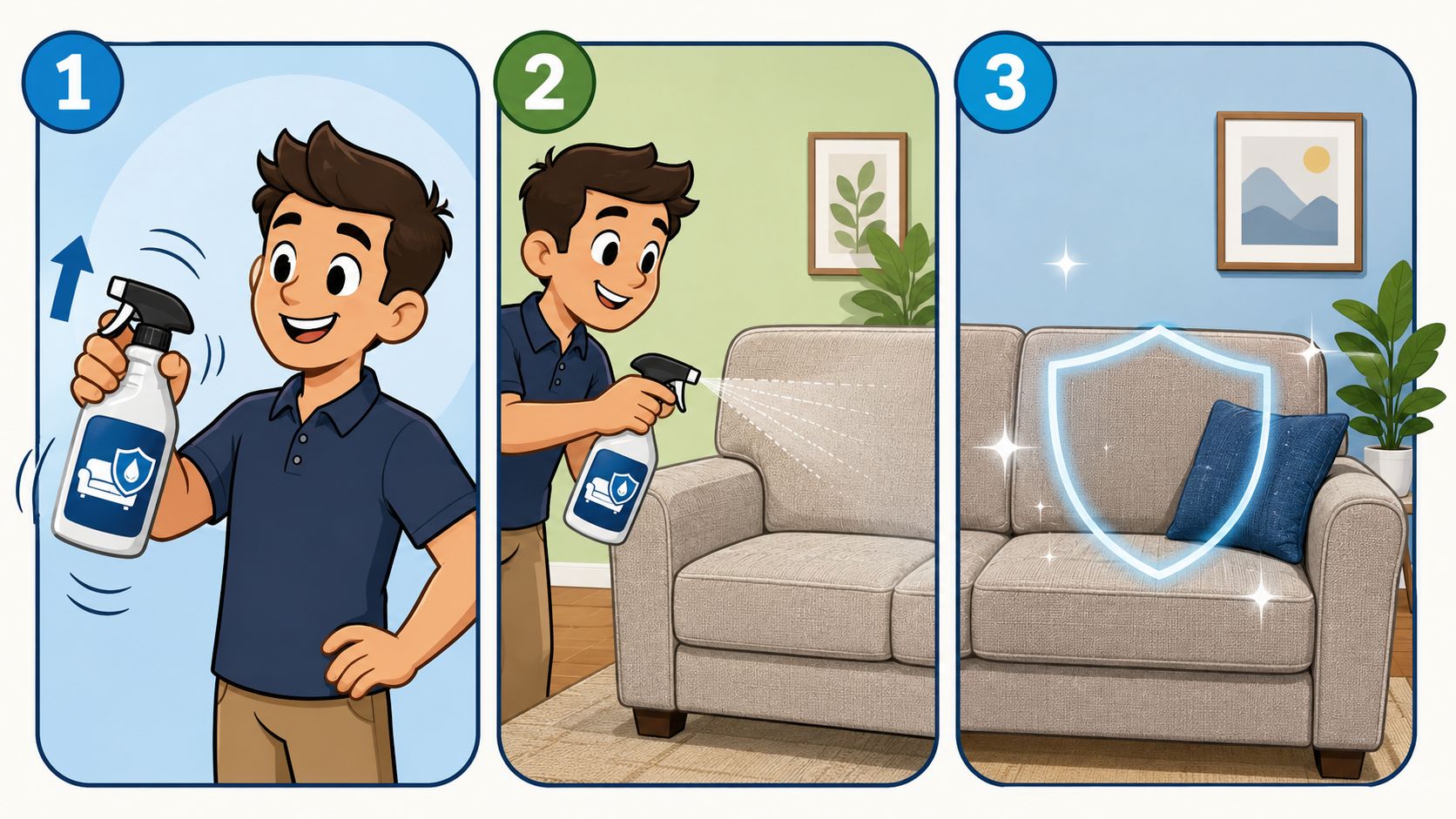 A three-step instructional illustration showing a man using an upholstery protection spray on a sofa.