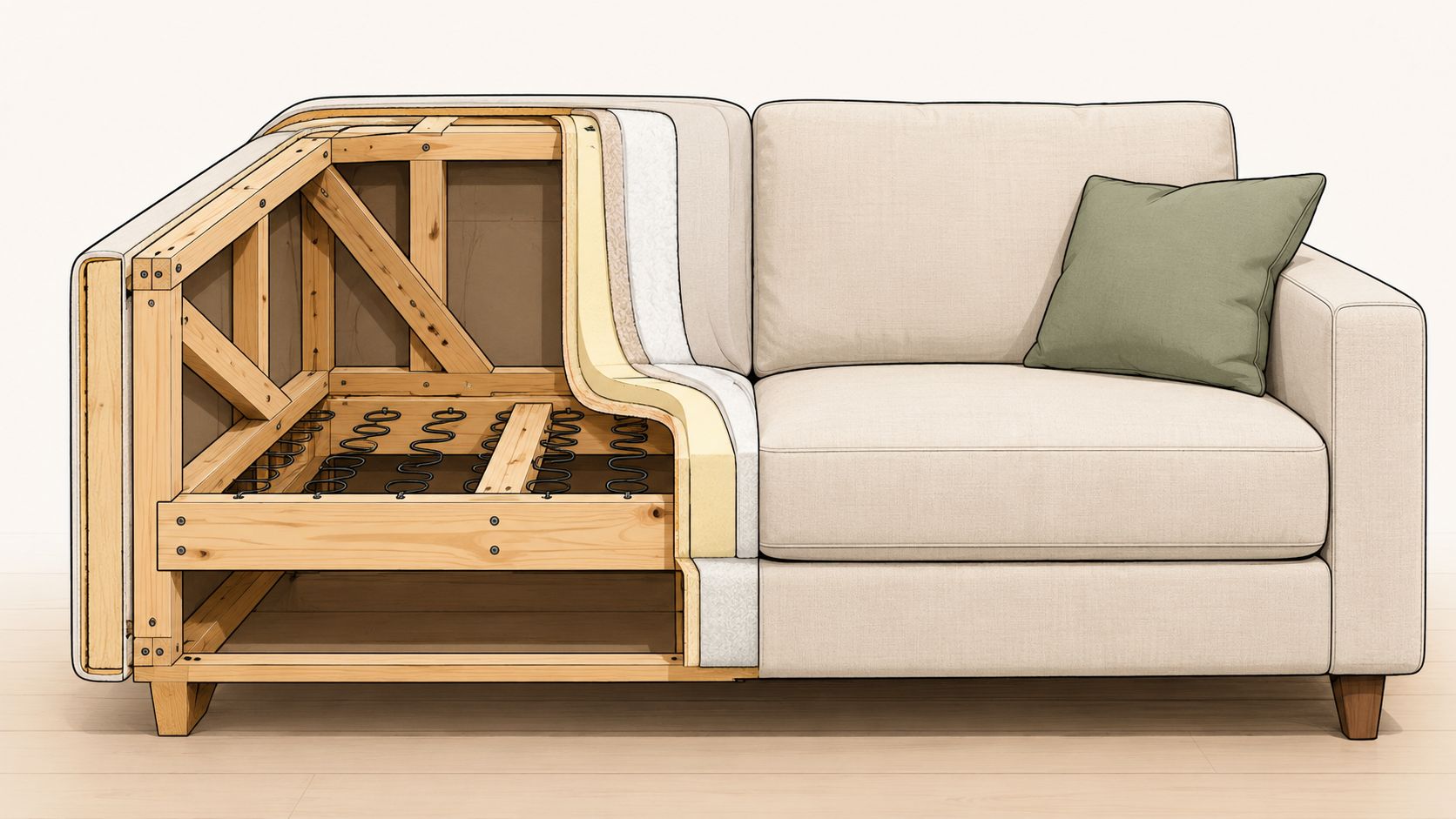 A cutaway view showing the internal wooden frame and spring construction of a beige upholstered sofa.