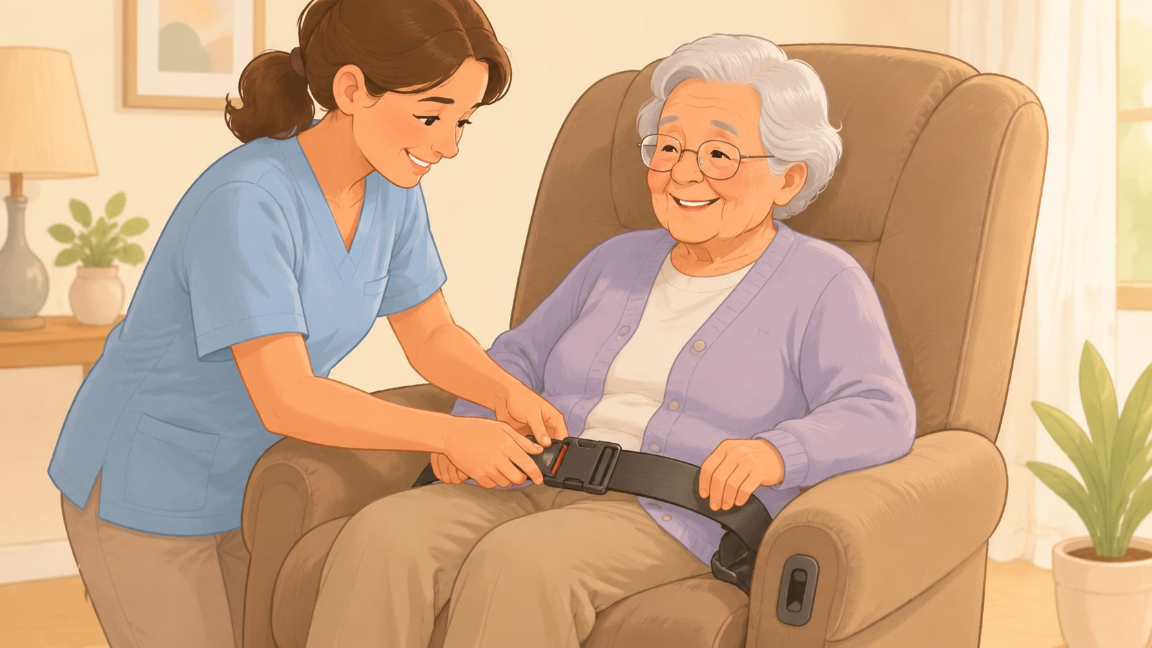 A kind caregiver helping an elderly woman fasten a safety belt while she sits in a chair.