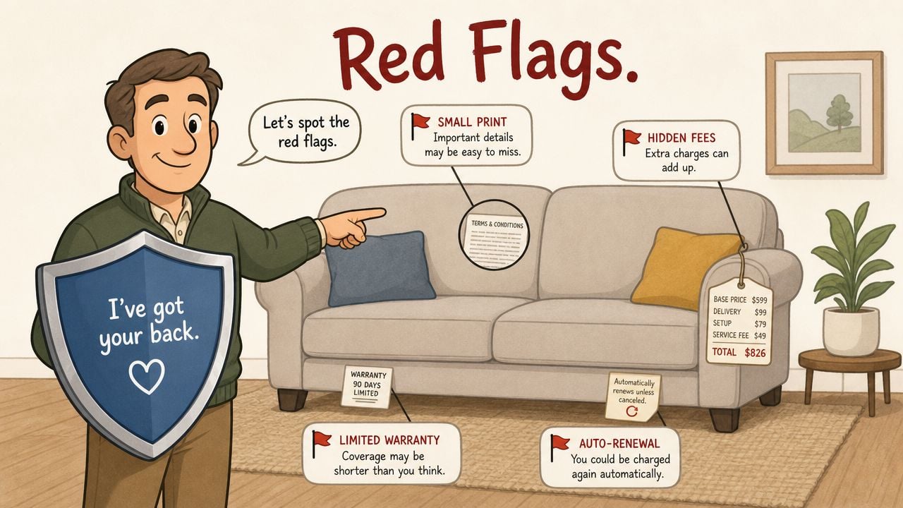 An illustration of a man pointing out financial red flags like hidden fees and small print on furniture.
