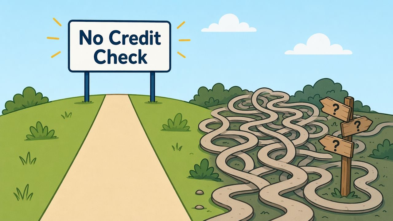 A straight path under a No Credit Check sign contrasting with a confusing, tangled maze of paths.