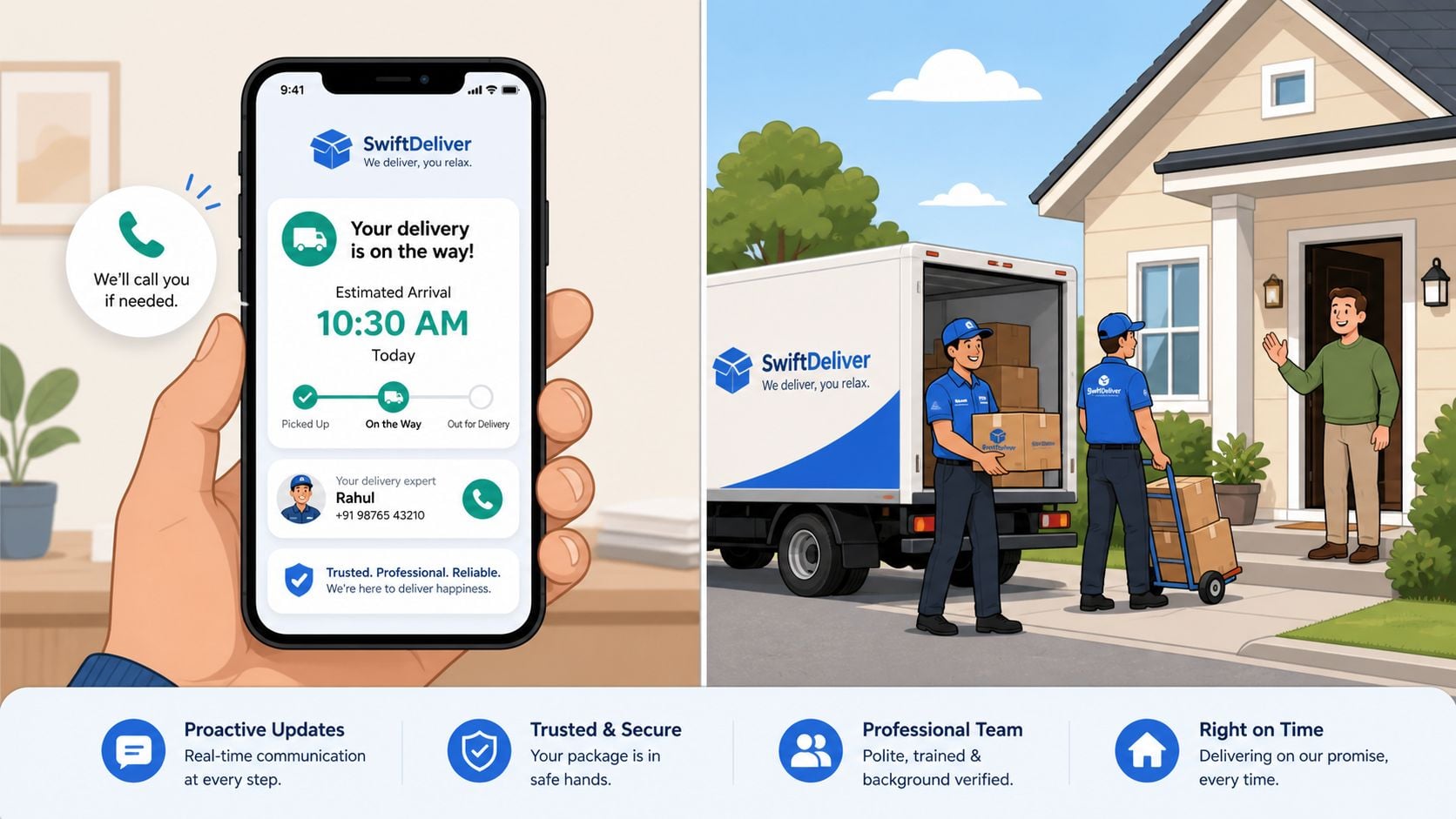 A delivery app on a smartphone showing tracking details alongside a professional team delivering furniture.