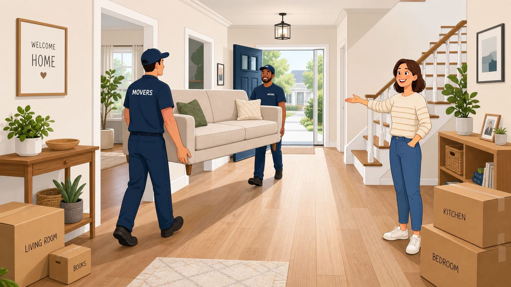 Two professional movers in navy uniforms carry a beige sofa into a house while a woman welcomes them.