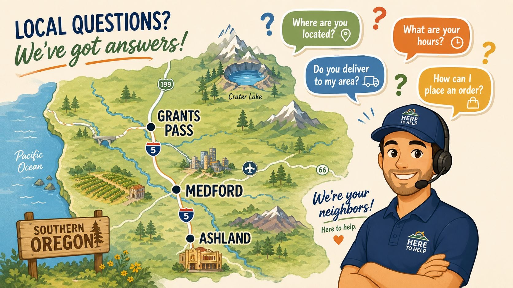 Customer support agent smiling in front of a map of Southern Oregon featuring local cities and questions.