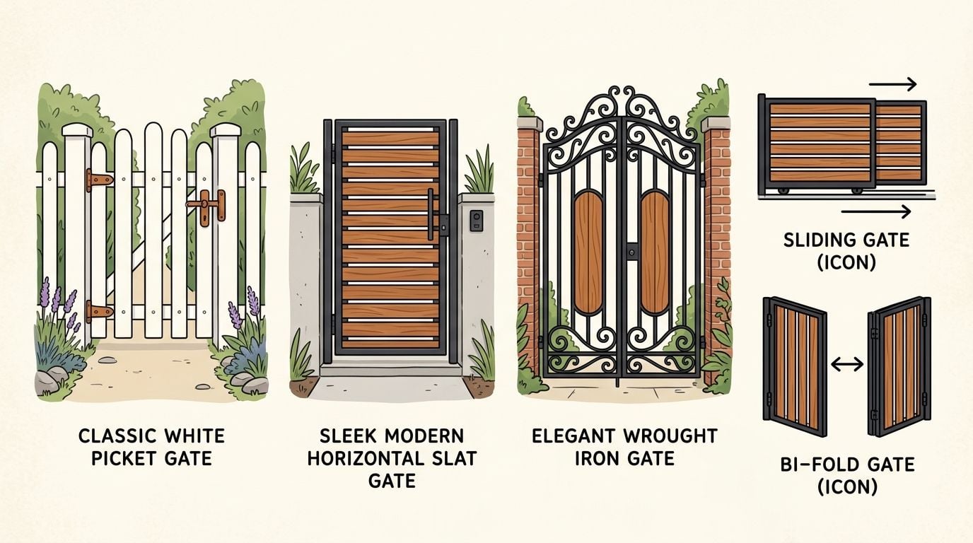 An infographic displaying four different types of residential gate styles including picket, horizontal slat, wrought iron, and sliding.