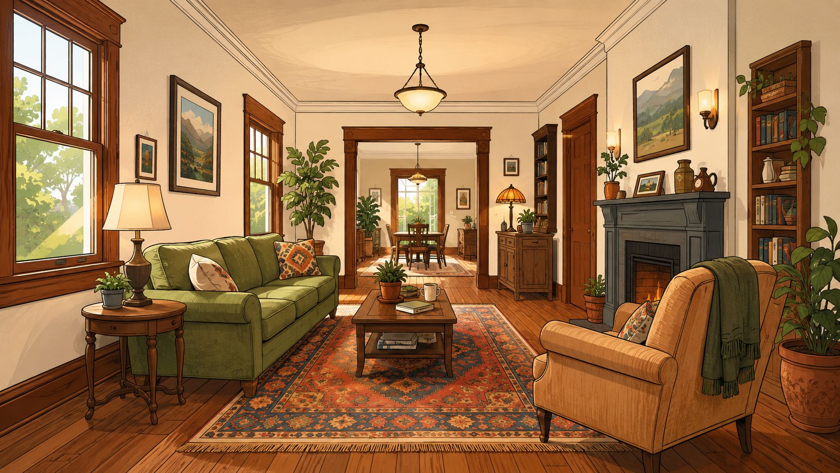 A cozy, sunlit living room featuring a green sofa, a beige armchair, and classic wooden furniture.