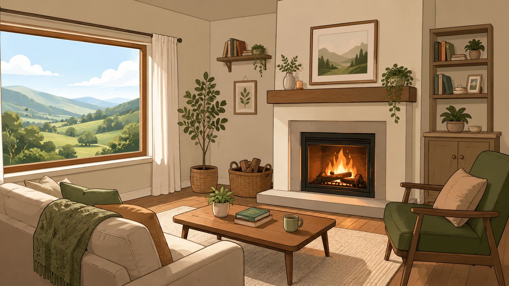 A cozy, sunlit living room featuring a fireplace, comfortable seating, and a large window overlooking hills.