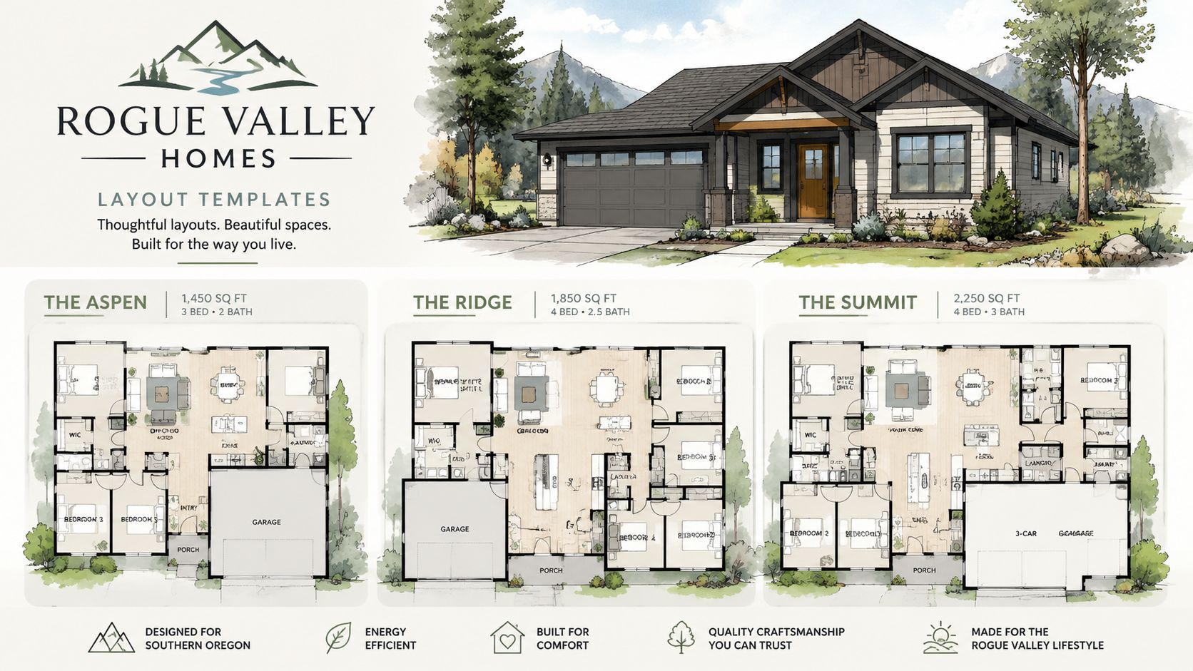 A promotional graphic displaying three different home floor plan layouts offered by Rogue Valley Homes.