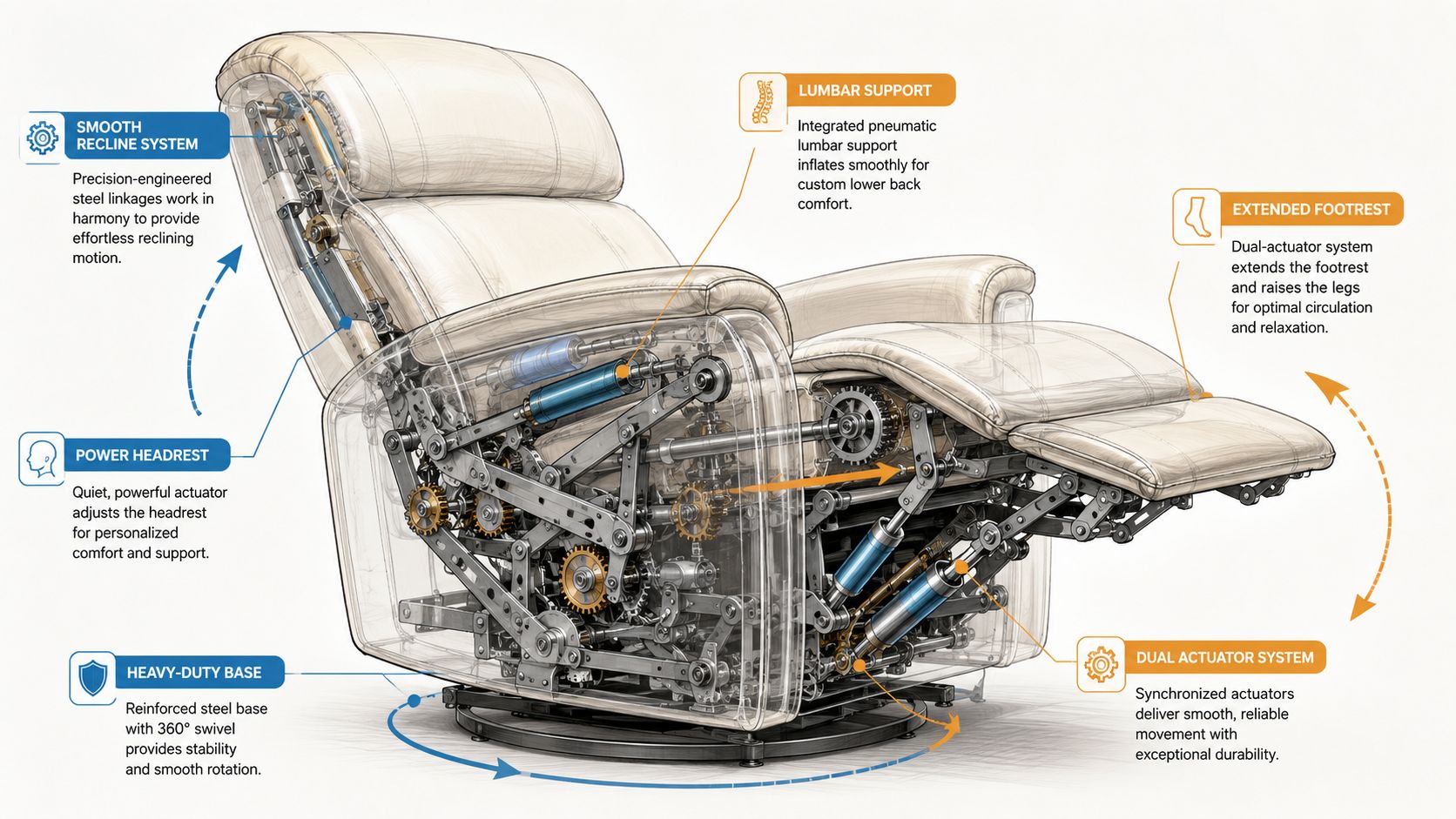 A transparent view of a luxury recliner chair highlighting internal mechanical components and advanced comfort features.