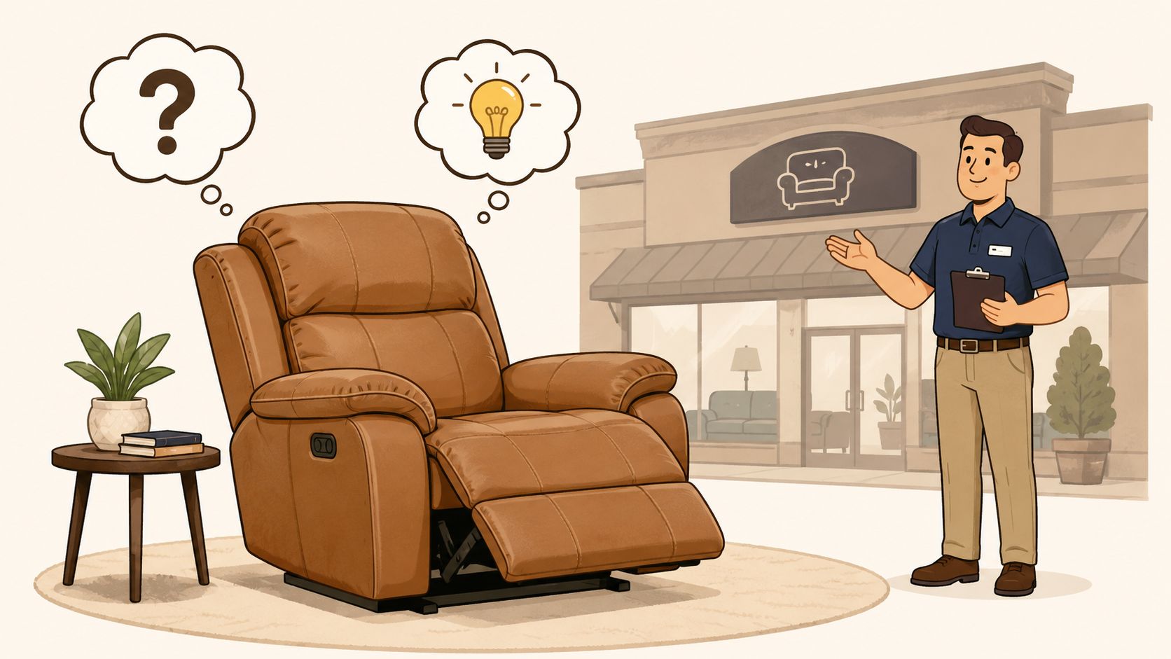 A friendly furniture store associate presenting a high-quality, comfortable brown leather recliner chair to customers.