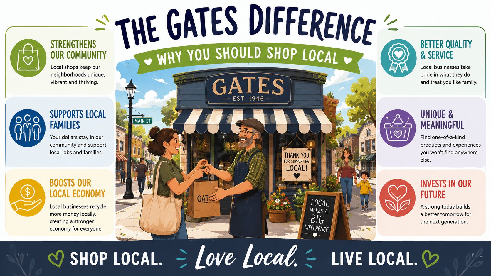 A store owner hands a shopping bag to a customer, illustrating the benefits of supporting local businesses.