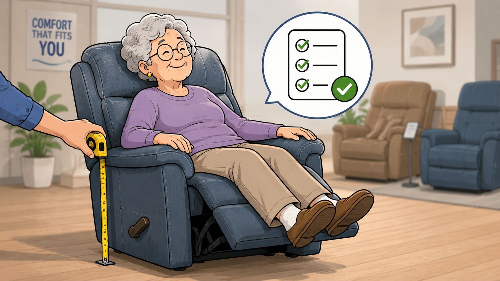 An elderly woman sitting comfortably in a blue recliner while being measured with a tape measure.