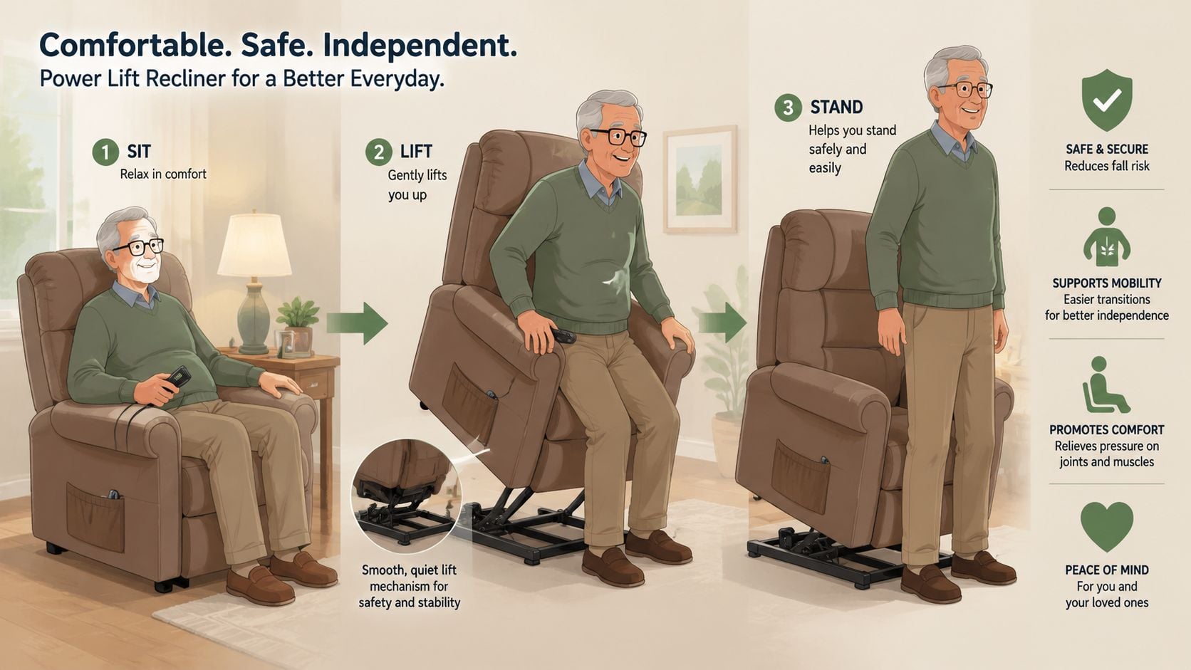 An elderly man using a brown power lift recliner to transition from sitting to standing independently.