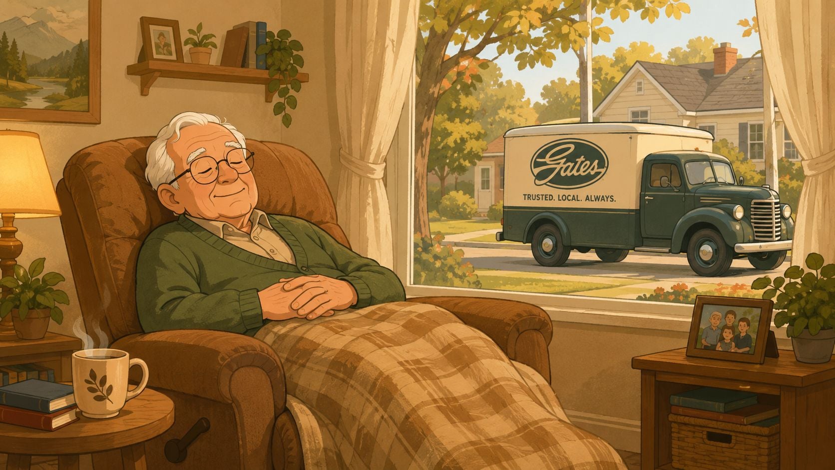 An elderly man sleeping peacefully in a comfortable recliner chair inside a cozy sunlit living room.