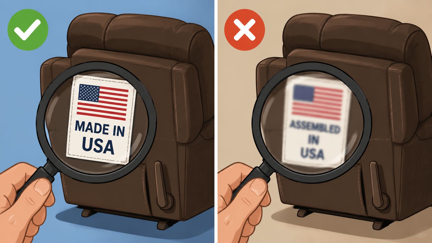 A magnifying glass inspecting tags on a leather recliner, contrasting labels stating Made in USA versus Assembled in USA.