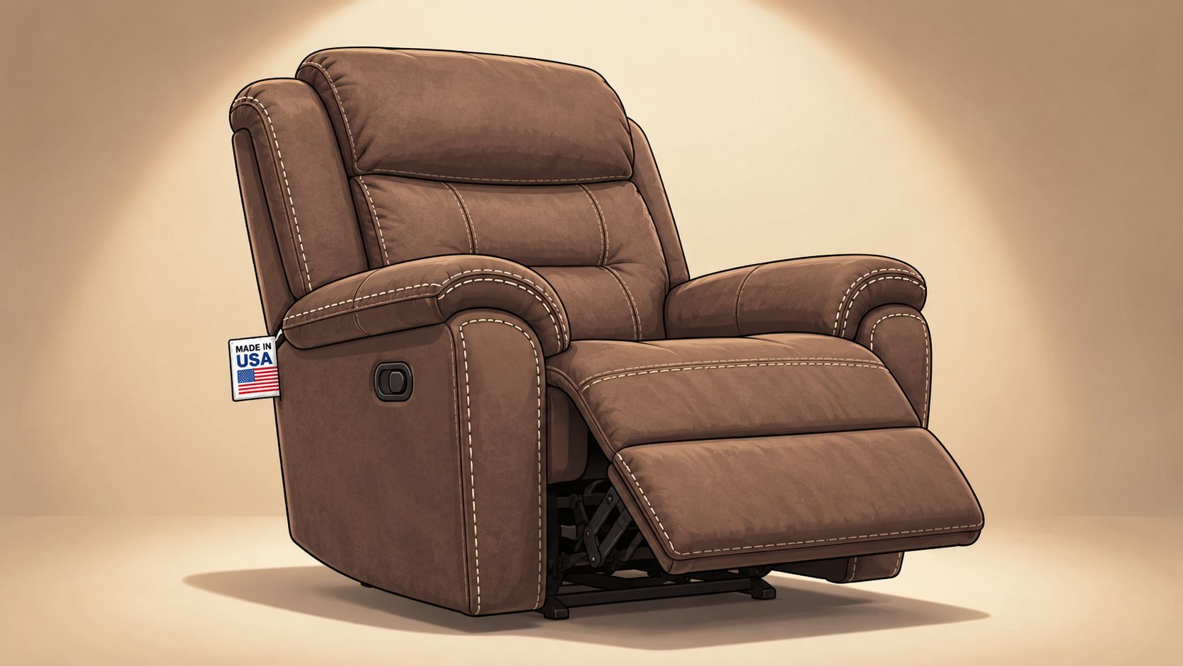 A brown leather recliner chair with a Made in USA tag against a light tan background.