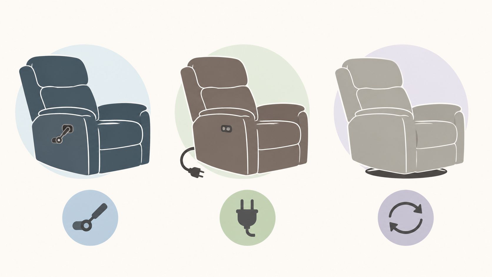 Three different types of recliner chairs featuring manual, electric, and swivel motion functions in a minimalist illustration.