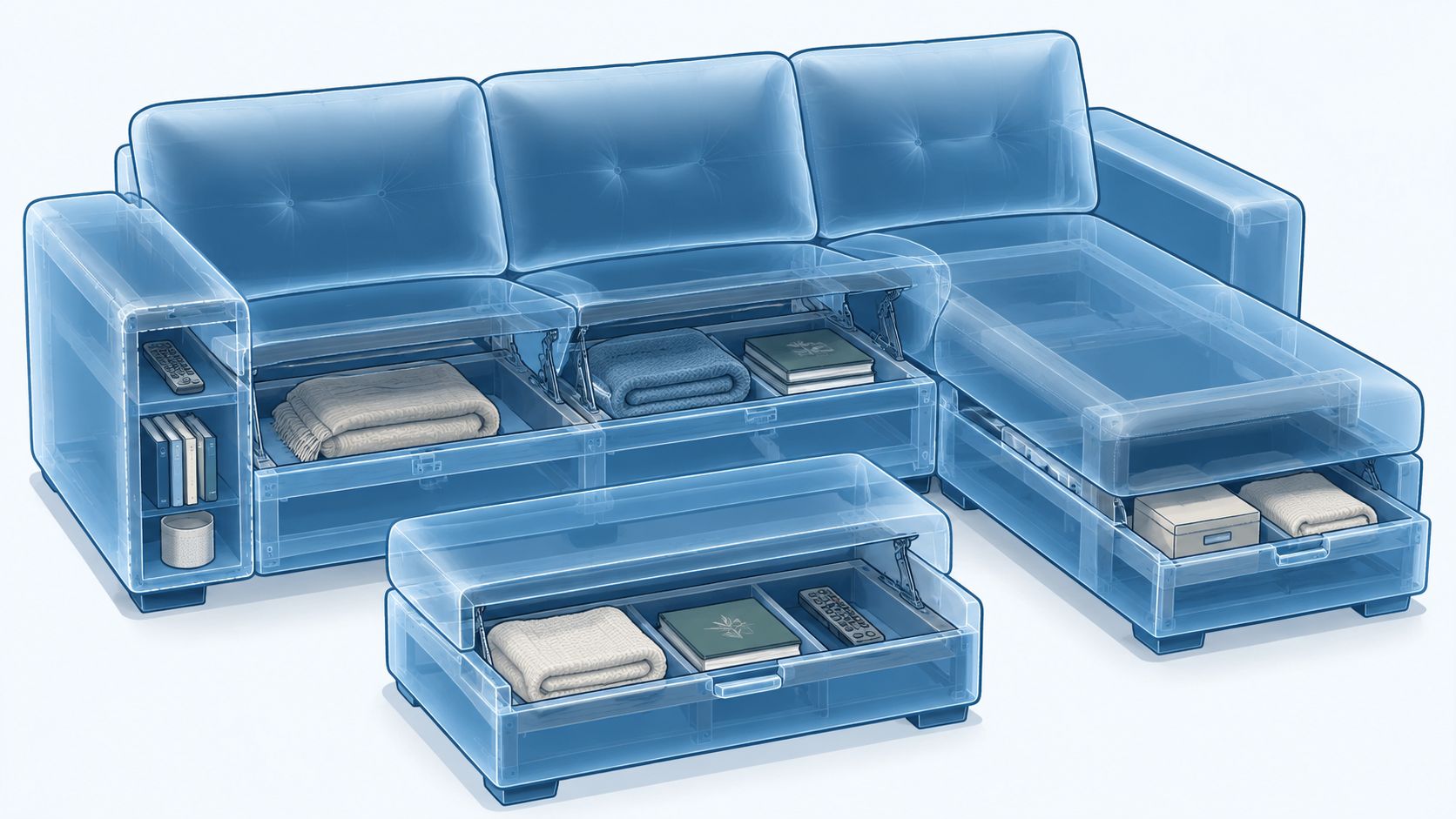 A transparent blue 3D render of a modular sectional sofa with hidden interior storage compartments and shelving.