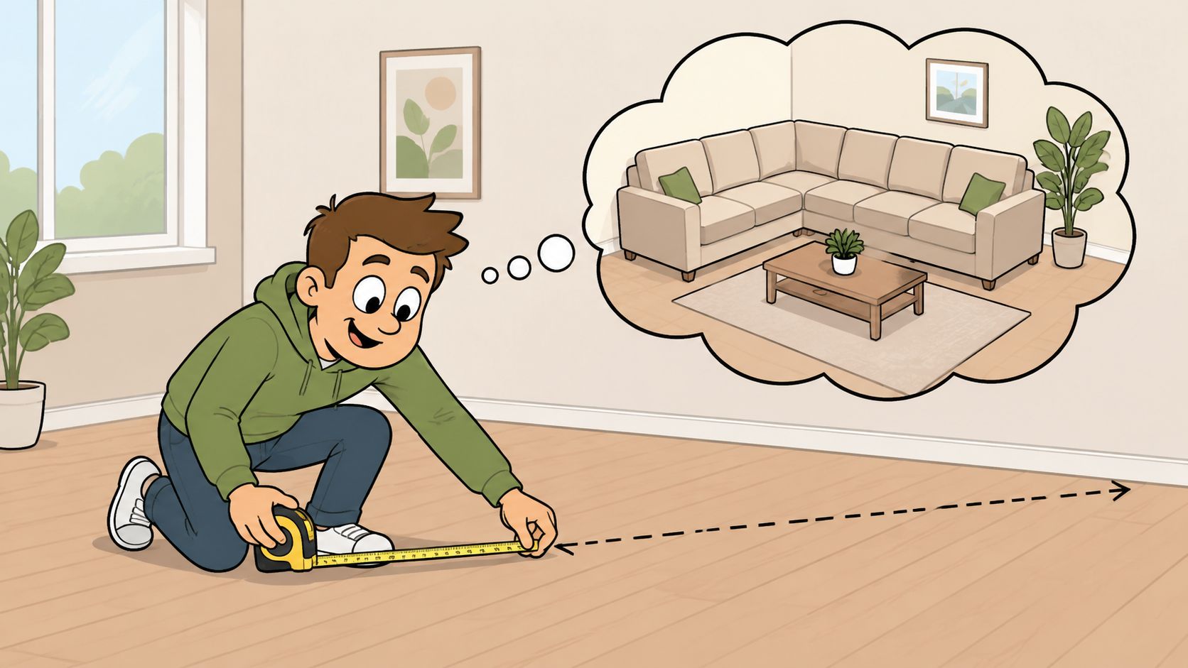 A man measuring a wooden floor with a tape measure while imagining a cozy sectional sofa setup.