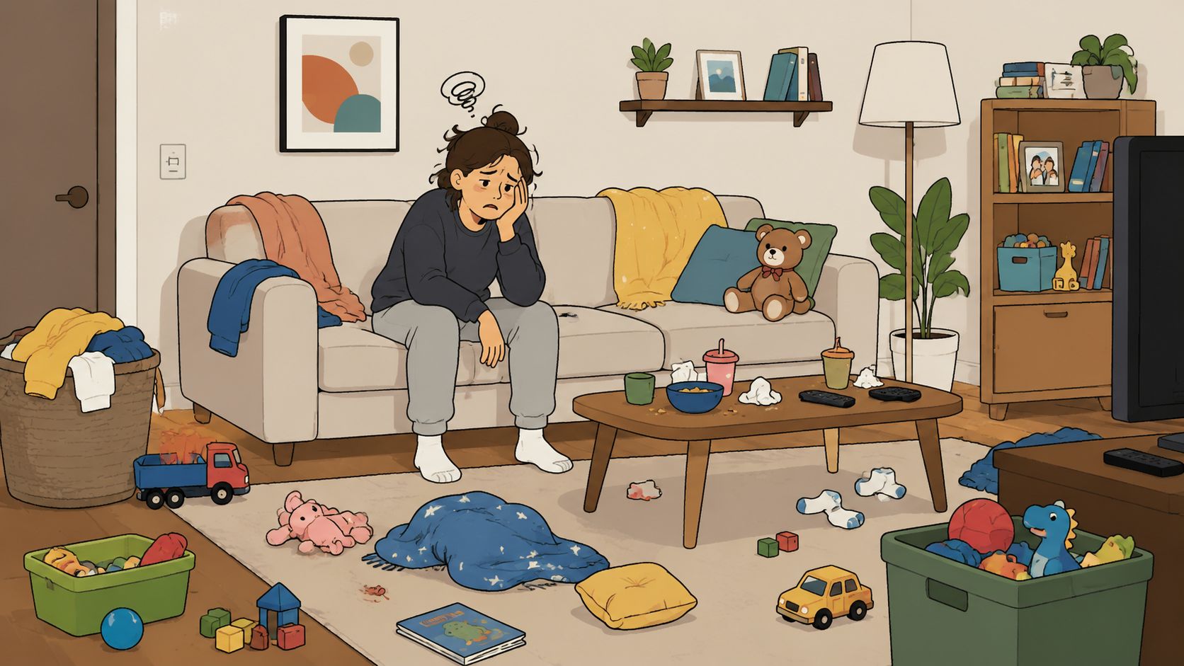 A tired woman sits on a messy living room sofa surrounded by toys and clutter.