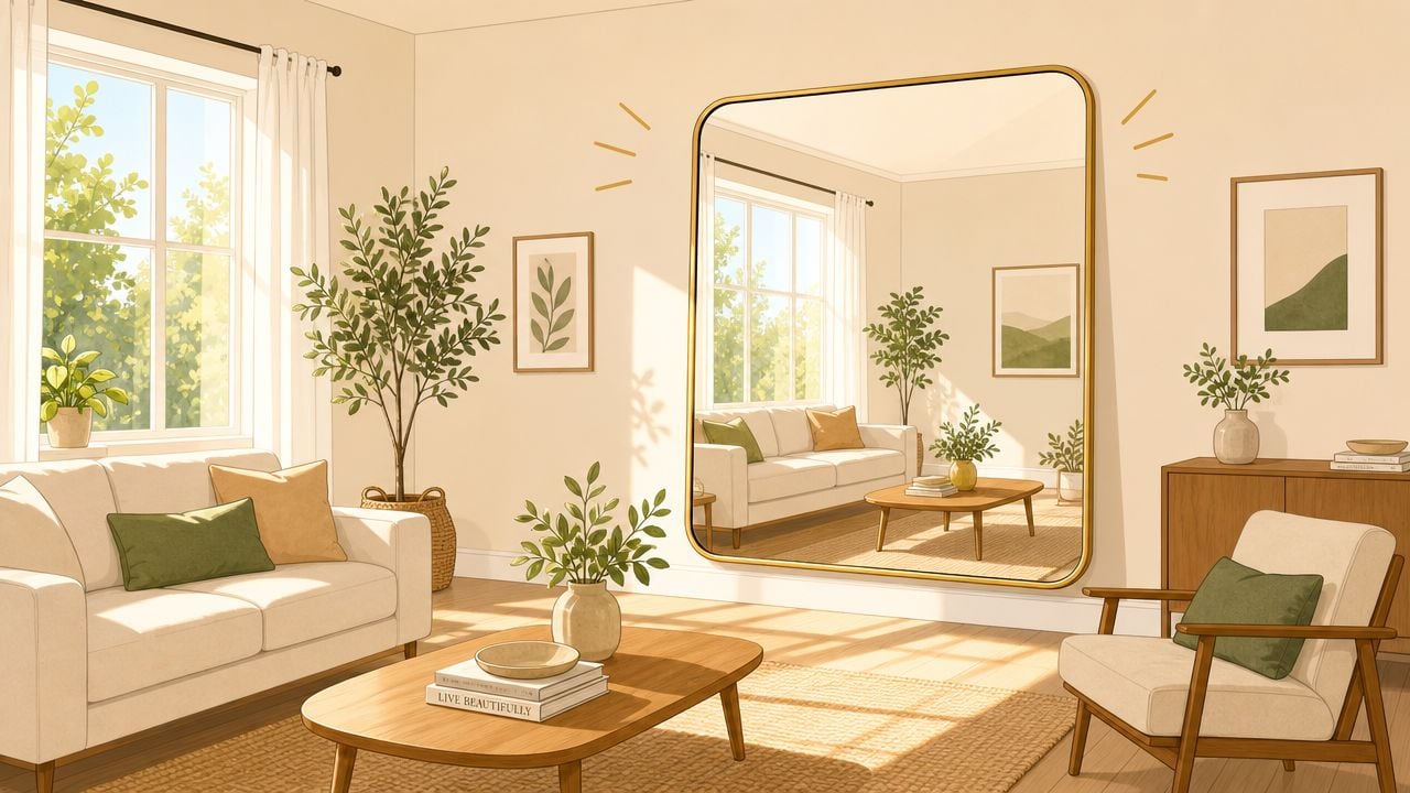 A cozy, sunlit living room featuring a large gold-framed statement mirror, comfortable seating, and indoor plants.