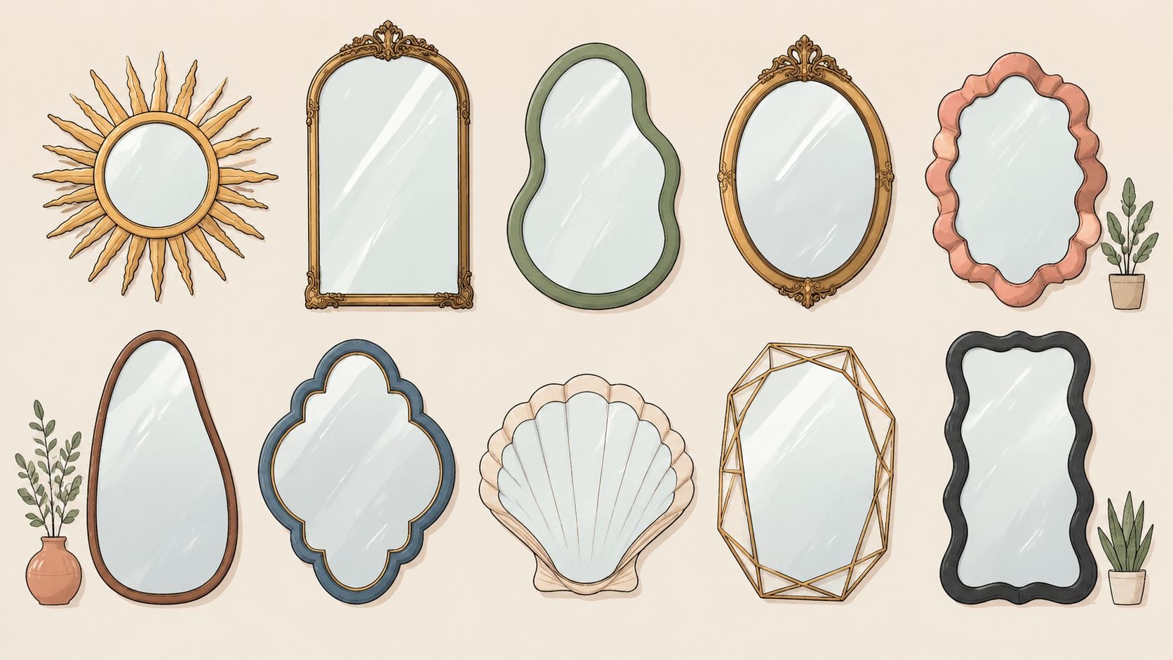 A collection of various decorative wall mirrors in different shapes, frames, and styles set against a light background.