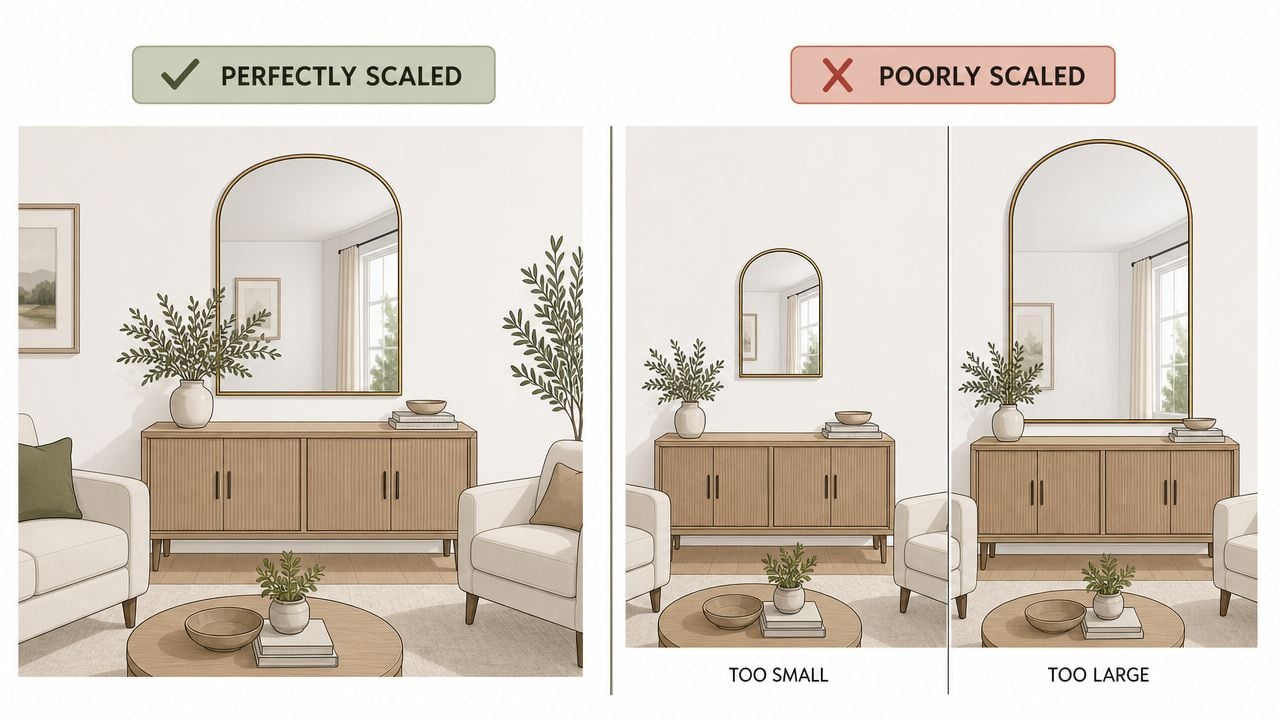 An illustration comparing correctly and incorrectly scaled arched mirrors above a living room sideboard console table.