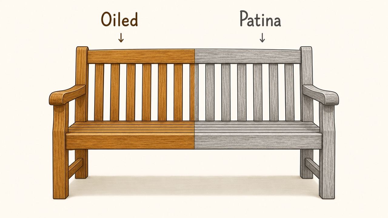 A split view comparison of a wooden bench showing the contrast between fresh oiled teak and weathered patina.
