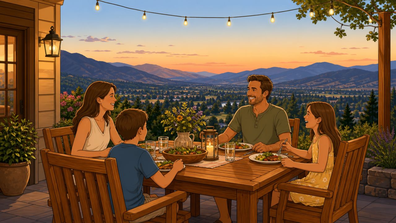 A happy family enjoys an outdoor dinner on a patio featuring beautiful teak furniture at sunset.
