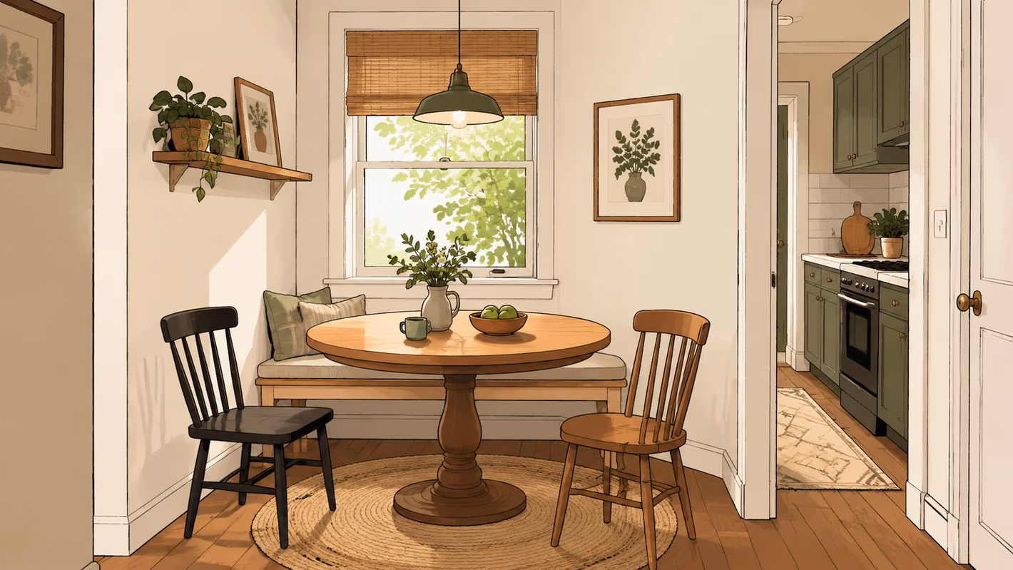 A cozy, well-lit dining nook featuring a round wooden table, two chairs, and a window seat bench.