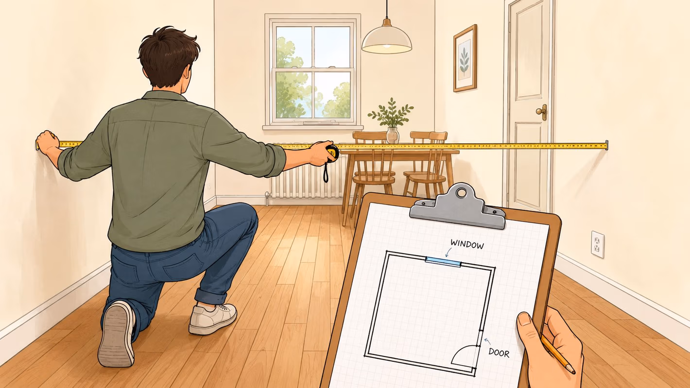 A man measuring a wall in a dining room while holding a floor plan on a clipboard.