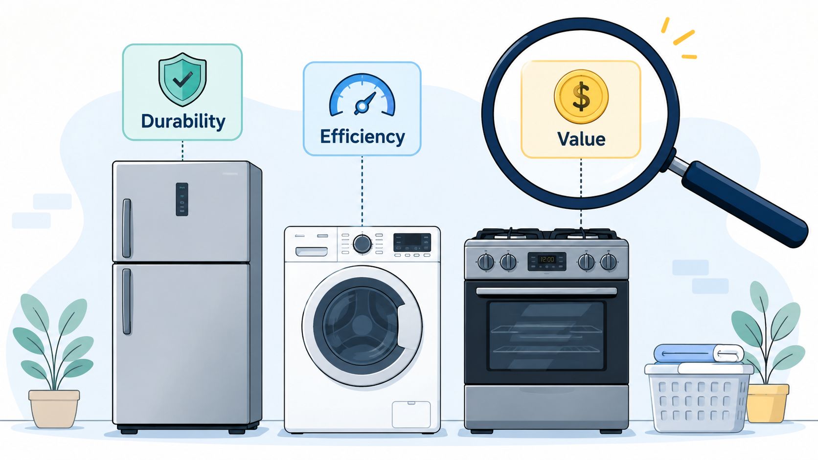 A refrigerator, washing machine, and stove with icons representing durability, efficiency, and value with a magnifying glass.