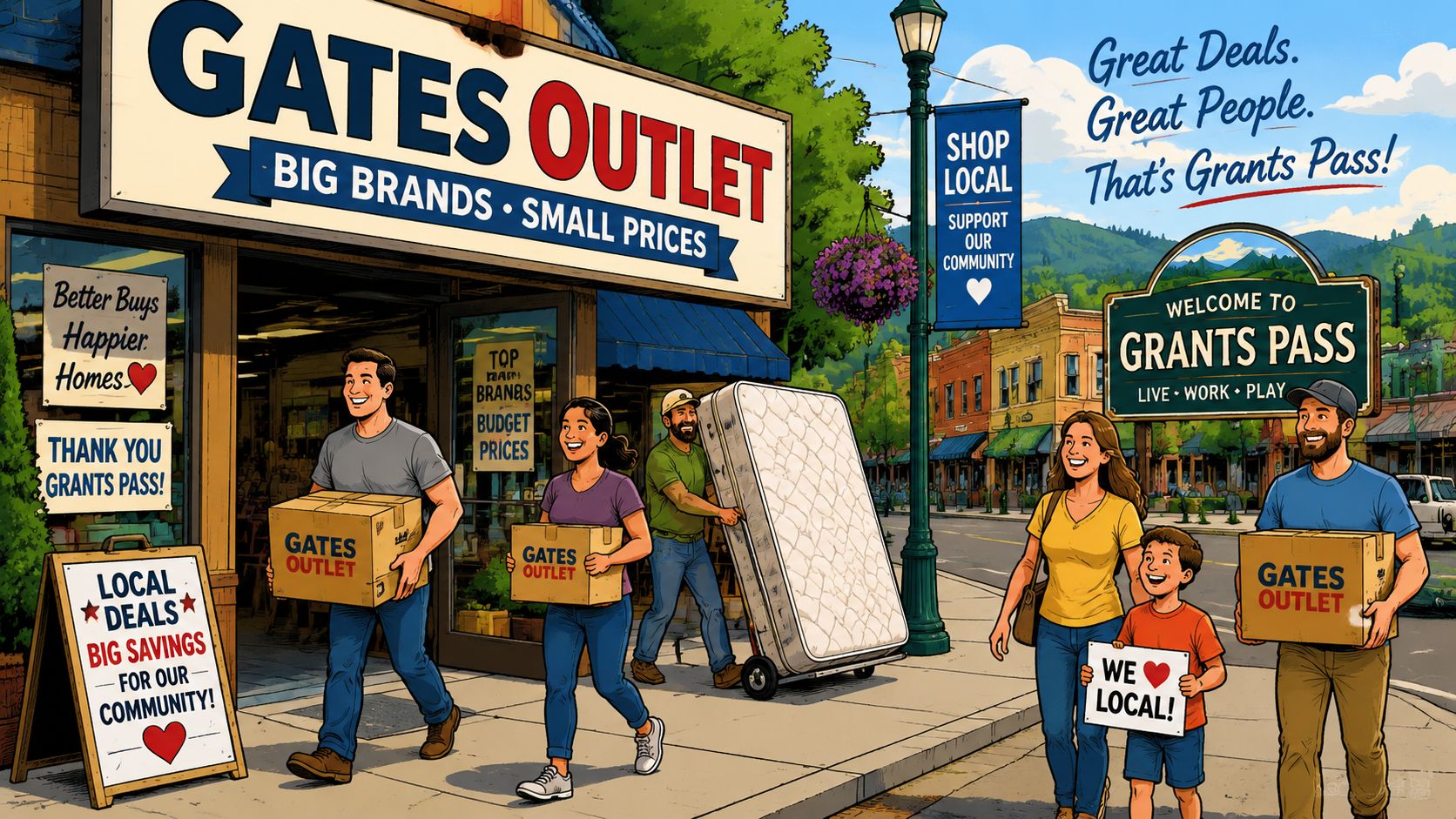 Families and workers carrying purchases from Gates Outlet store in the town of Grants Pass, Oregon.