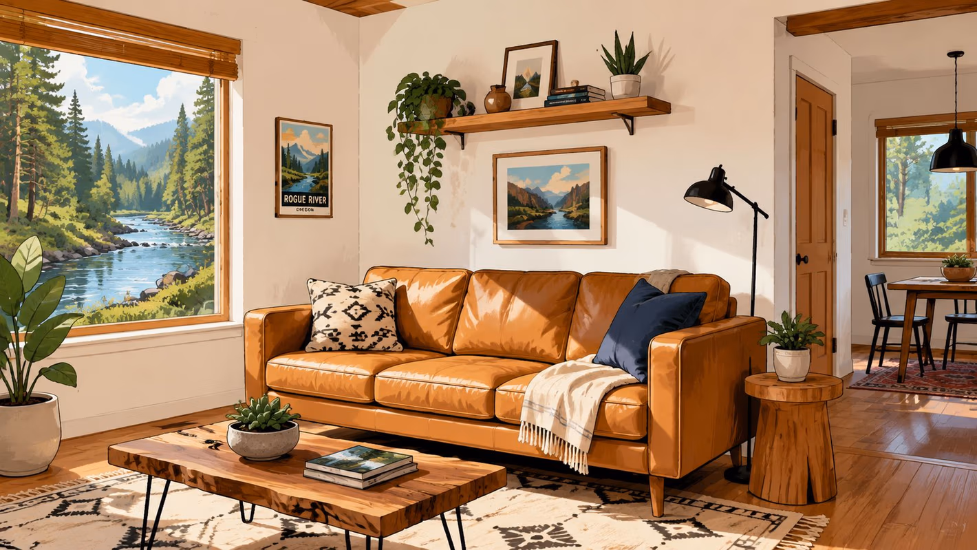 A cozy living room featuring a camel color leather sofa, natural wood furniture, and scenic river views.