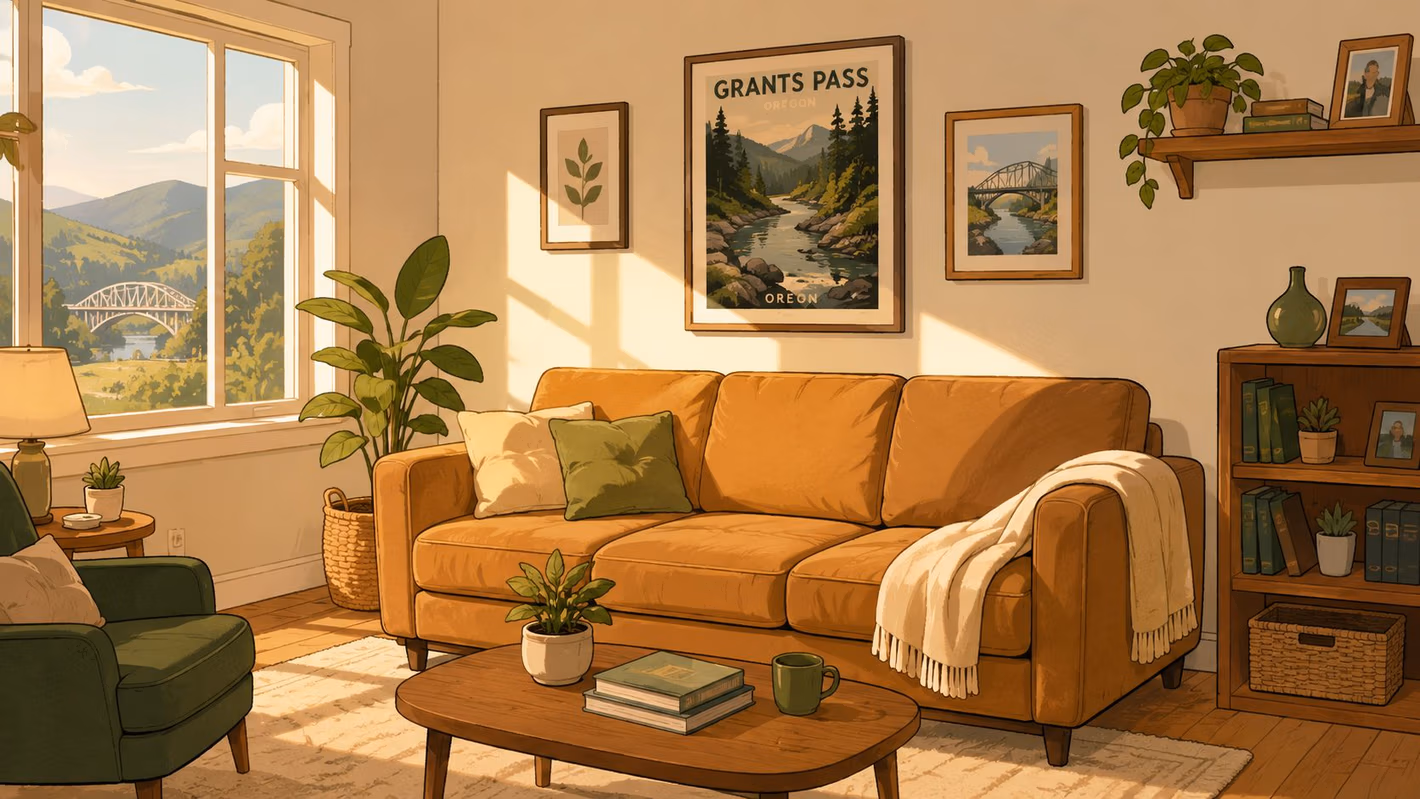 A cozy living room featuring a camel color sofa, green armchairs, and a scenic Grants Pass art print.