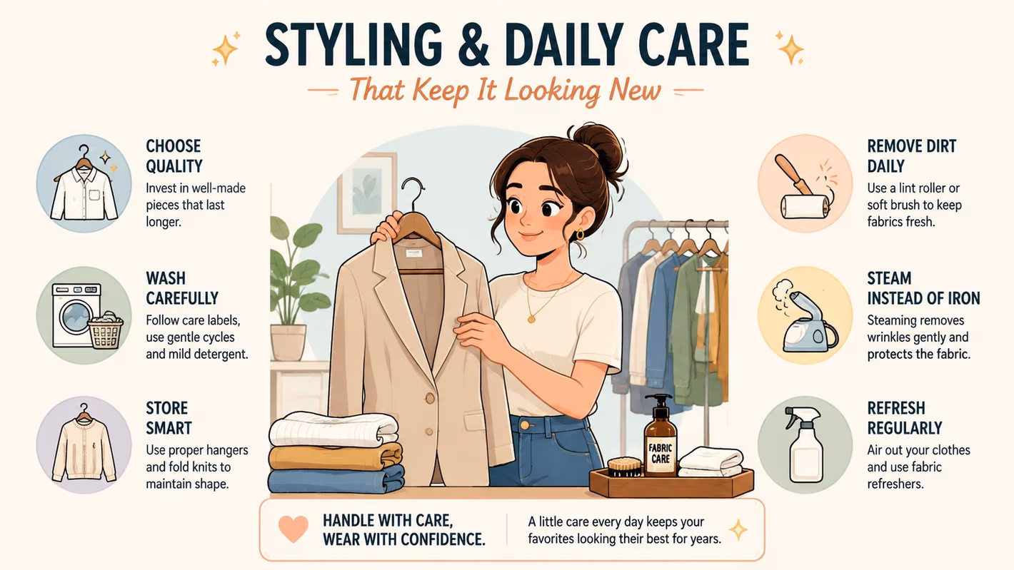 An illustrated guide providing tips on styling and daily clothing care to keep garments looking new.