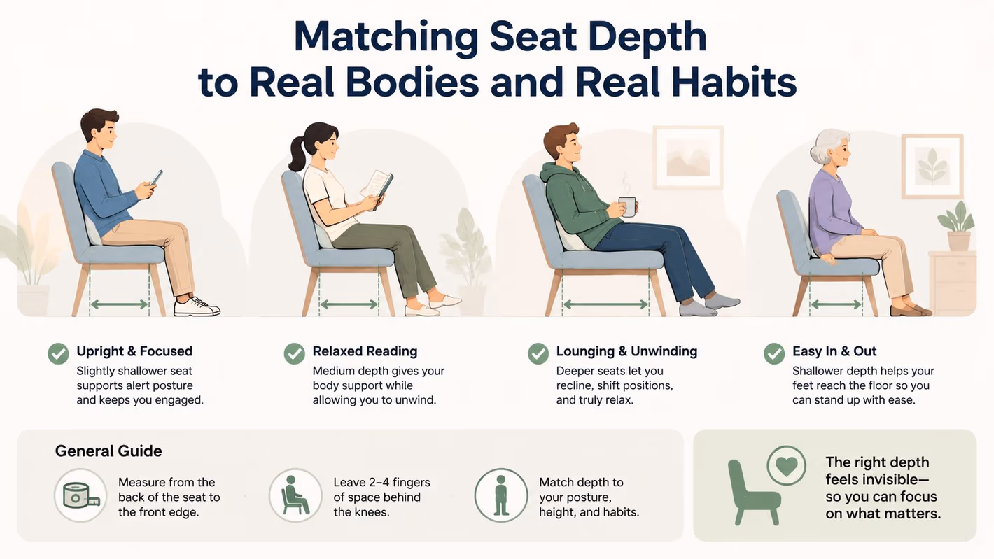 An infographic illustrating how to choose seat depth based on different postures, activities, and individual body needs.
