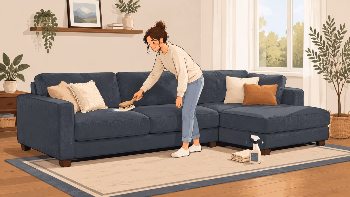 A woman cleaning a deep seating sectional sofa with a brush in a cozy, sunlit living room.